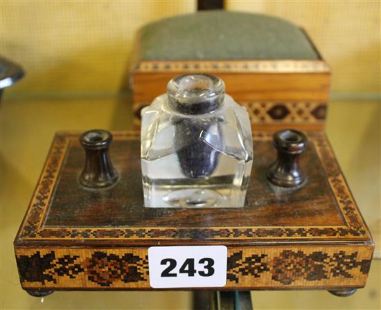 A Tunbridge Ware rosewood inkstand and a pin cushion box